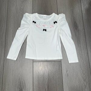 White Long Sleeve Kids Top with Bow Accents
